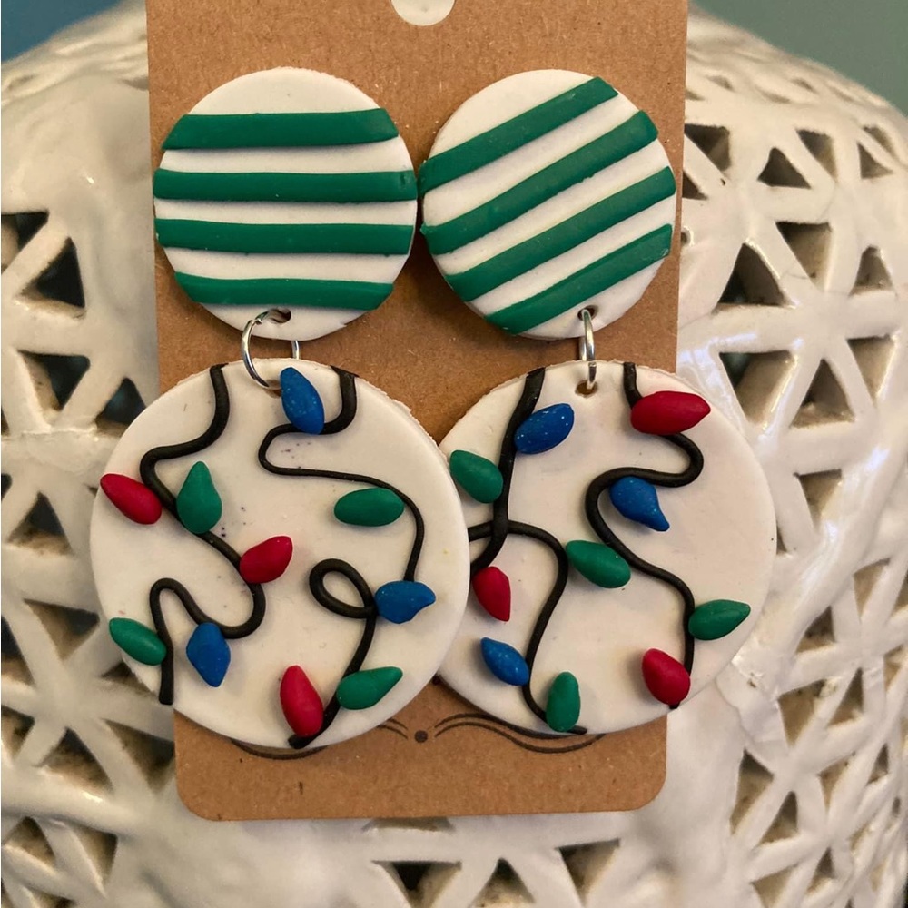 Lightweight Polymer Clay Christmas Light Earrings with green striped studs